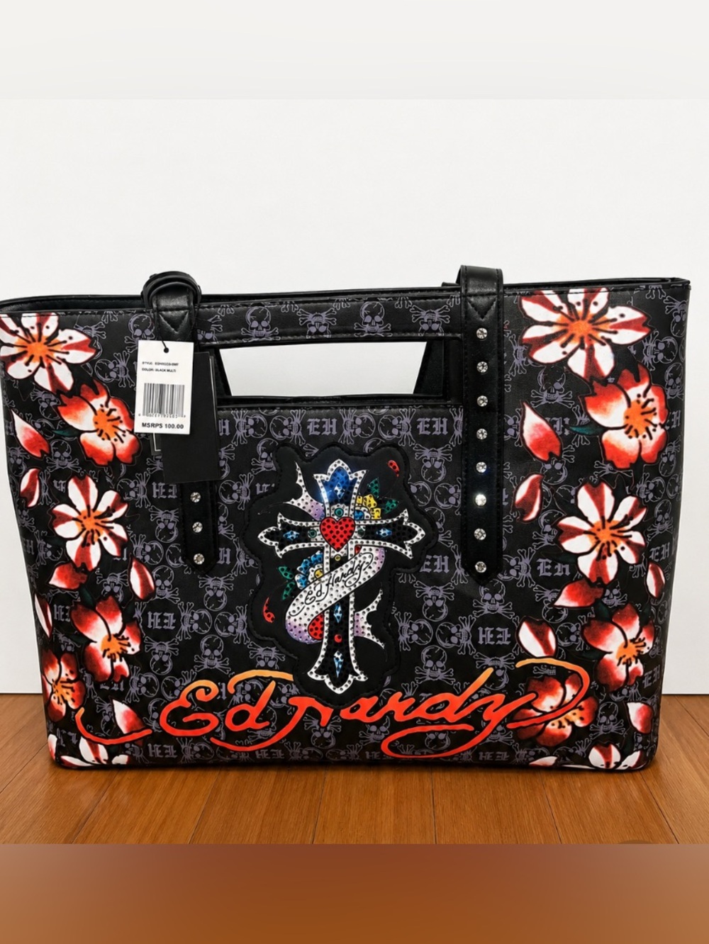 Ed Hardy Black Floral Rhinestone Tote Bag